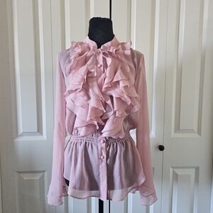 Bisou Bisou Michelle Bohbot Ruffled Semi-sheer Button Up Flowy Blush Blouse SzXS